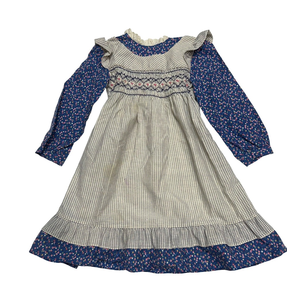 Polly Flinders Vintage Hand Smocked Dress Girls Size 6 Floral Grid Mixed Print